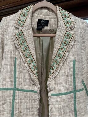 True Meaning Cream Tweed Blazer with Mint Embroidered Trim
